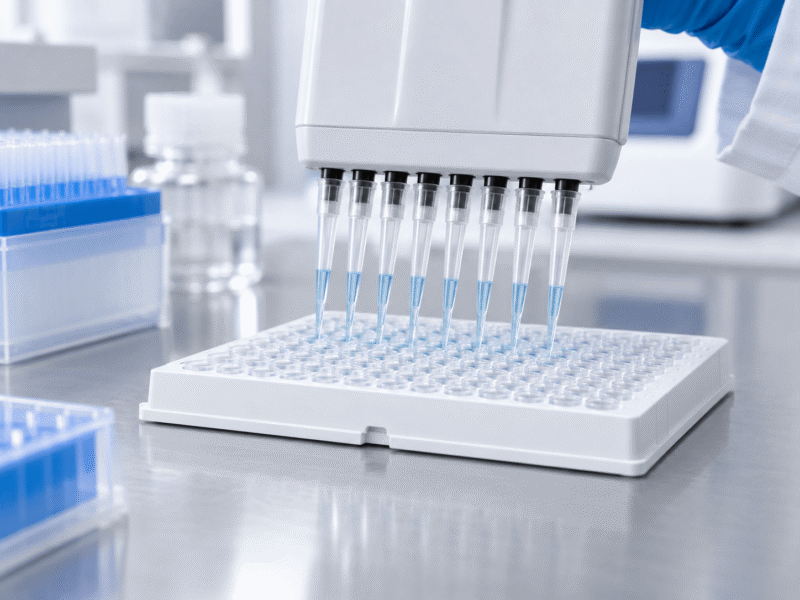 Multichannel pipette and PCR plate for custom pre-plated RT-PCR panels