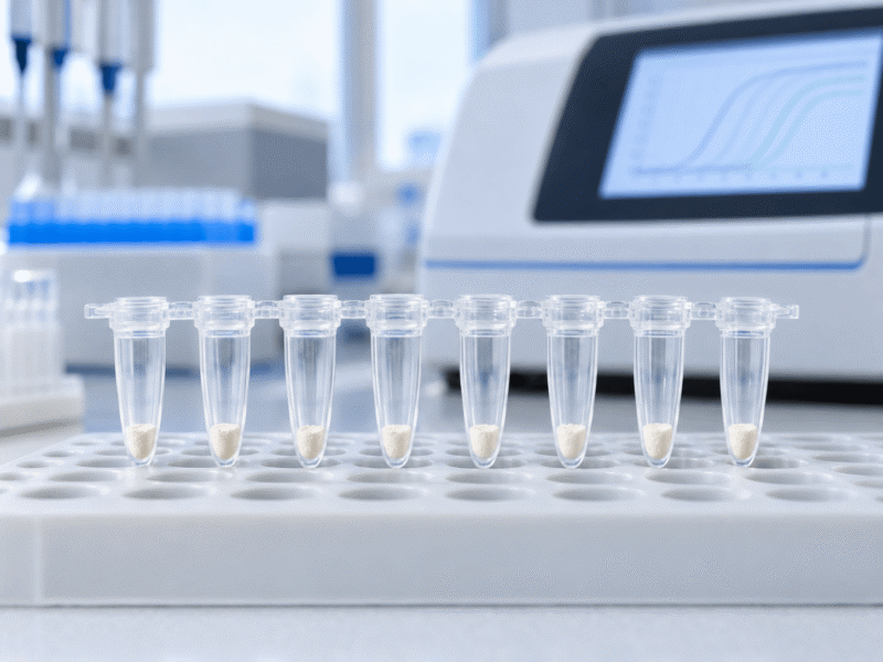 Lyophilized PCR reagent pellets in a strip of PCR tubes