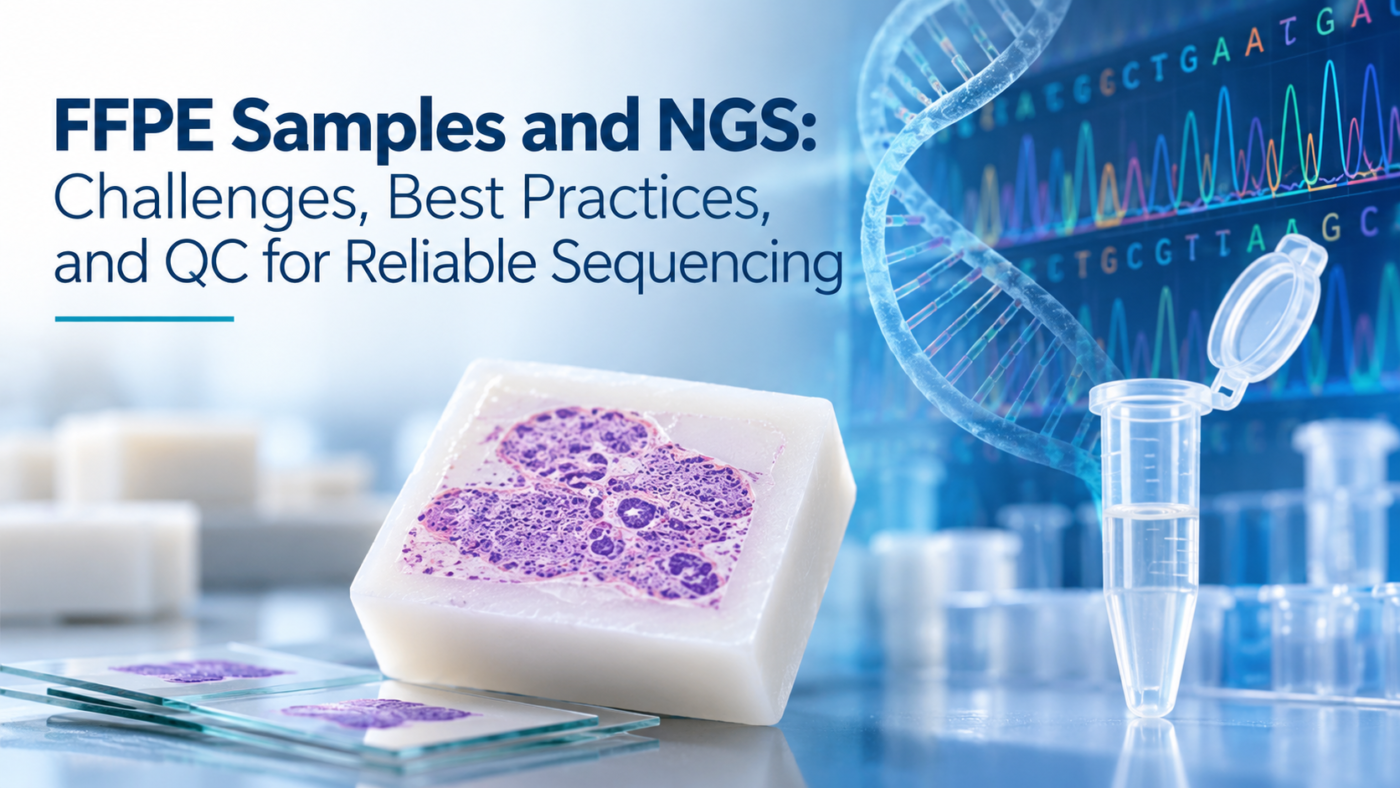 FFPE tissue block and histology slides with DNA sequencing graphics illustrating NGS sample preparation and quality control.